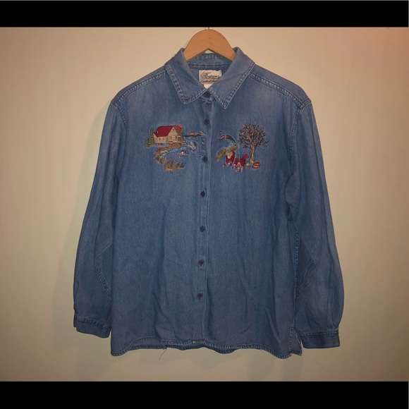 🎉 Fall Appliqué Button Up Denim Collared Shirt - Picture 2 of 5